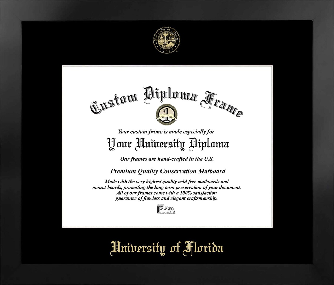 University of Florida 16w x 11.5h Manhattan Black Single Mat Gold Embossed Diploma Frame with Bonus Campus Images Lithograph (value savings at $59)